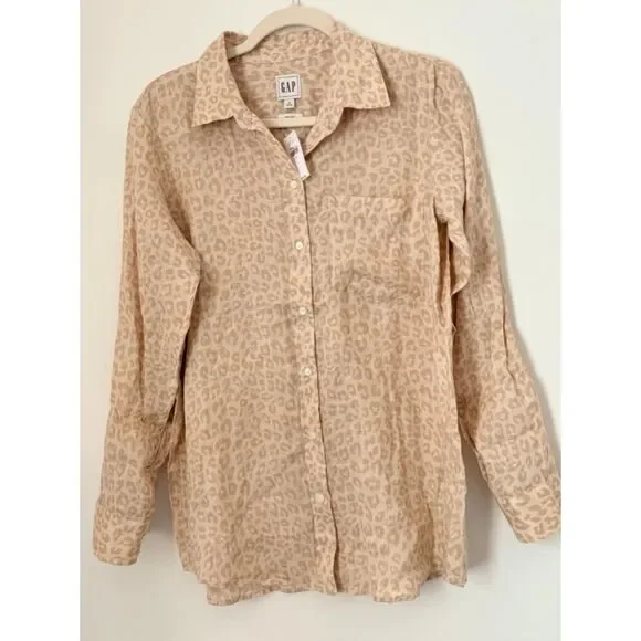Gap 100% Linen Animal Print Shirt Women's Size Small New Neutral Classic N64 - Picture 1 of 14